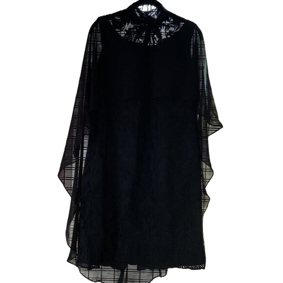 NWT Vintage-Style Black Lace Overlay Dress Sheer Cape High Neck Floral Embroider - Picture 1 of 16